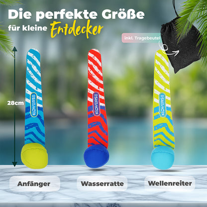 Größendarstellung der Tauchbälle für Kinder 28cm. Text: Die perfekte Größe für kleine Entdecker