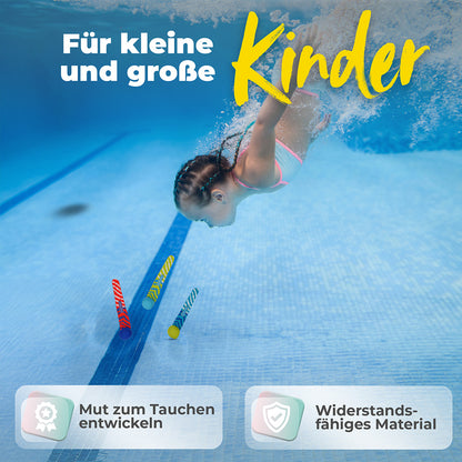 Kind taucht nach dem Tauchbällen. Text:  Für kleine und große Kinder. Mut zum Tauchen entwickeln und Widerstandsfähiges Material