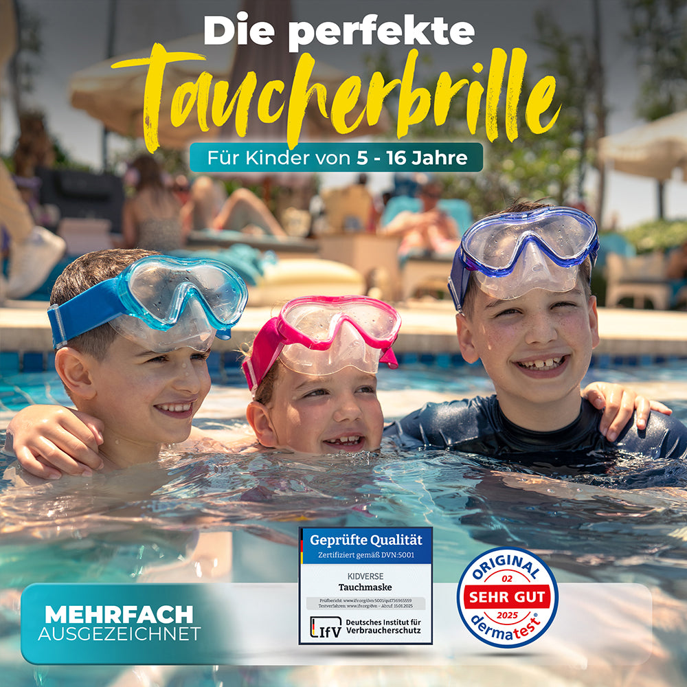 Kinder im Pool mit allen Varianten der Taucherbrille mit Strapband und der Überschrift: Die perfekte Taucherbrille für Kinder von 5 - 16 Jahre. Mehrfach ausgezeichnet