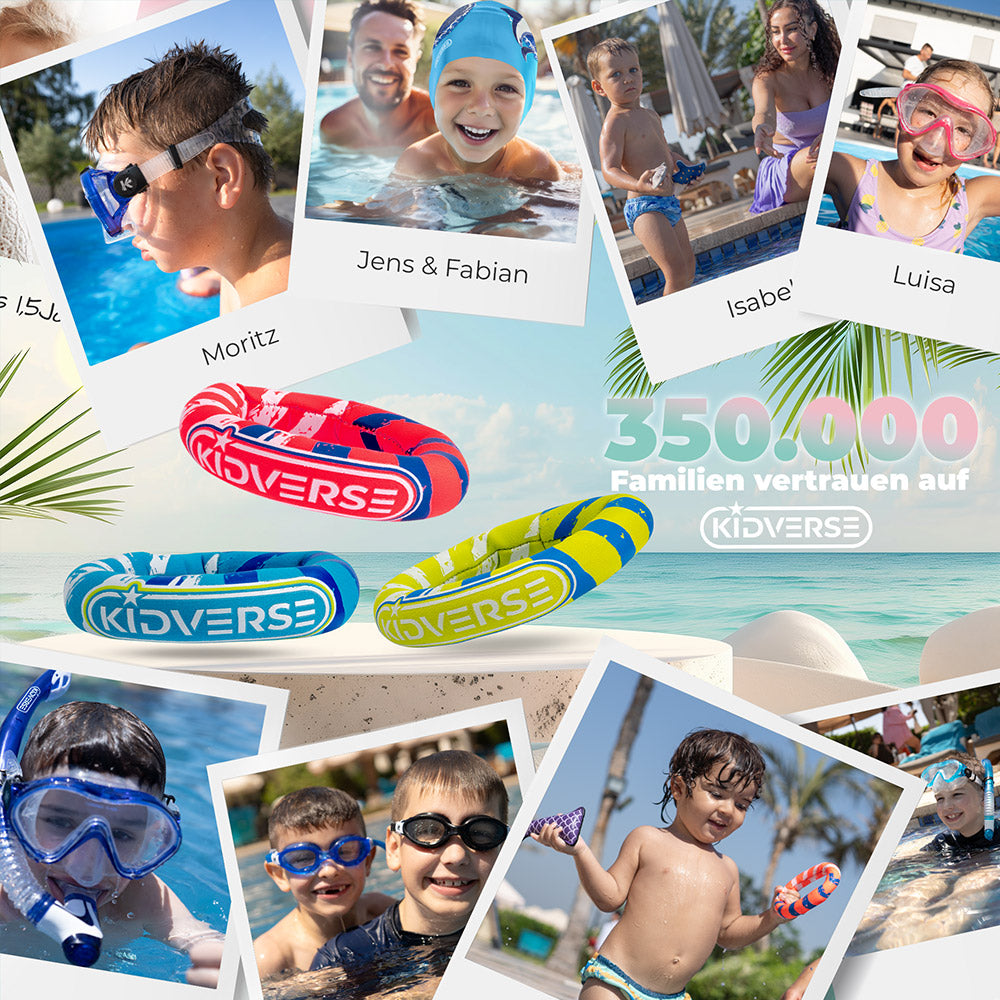 Abbildung der Tauchringe für Kinder mit Bildern in Aktion. Text: 350000 Familien vertrauen auf Kidverse