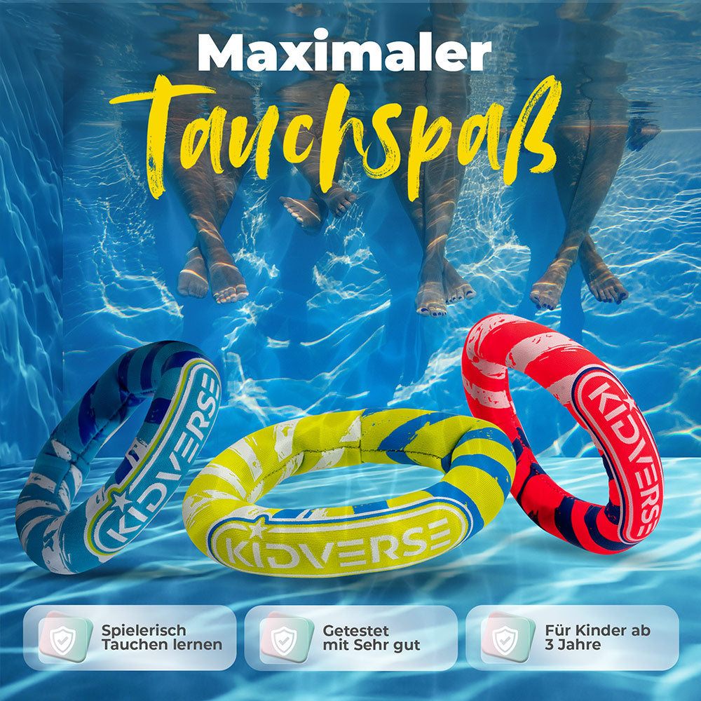 Tauchringe Unterwasser mit dem Text Maximaler Tauchspaß. Spielerisch Tauchen lernen, getestet mit sehr gut und für Kinder ab 3 Jahre