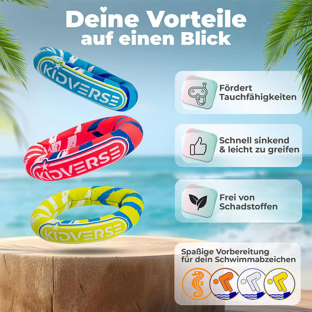 Tauchringe für Kinder mit dem Text: Deine Vorteile auf einen Blick. Fördert Tauchfähigkeiten, Schnell sinkend & leicht zu greifen und Frei von Schadstoffen. Spaßige Vorbereitung für dein Schwimmabzeichen