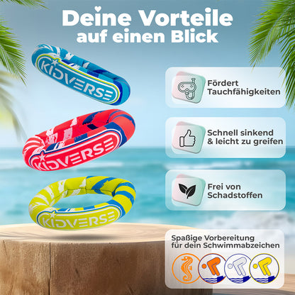 Tauchringe für Kinder mit dem Text: Deine Vorteile auf einen Blick. Fördert Tauchfähigkeiten, Schnell sinkend & leicht zu greifen und Frei von Schadstoffen. Spaßige Vorbereitung für dein Schwimmabzeichen