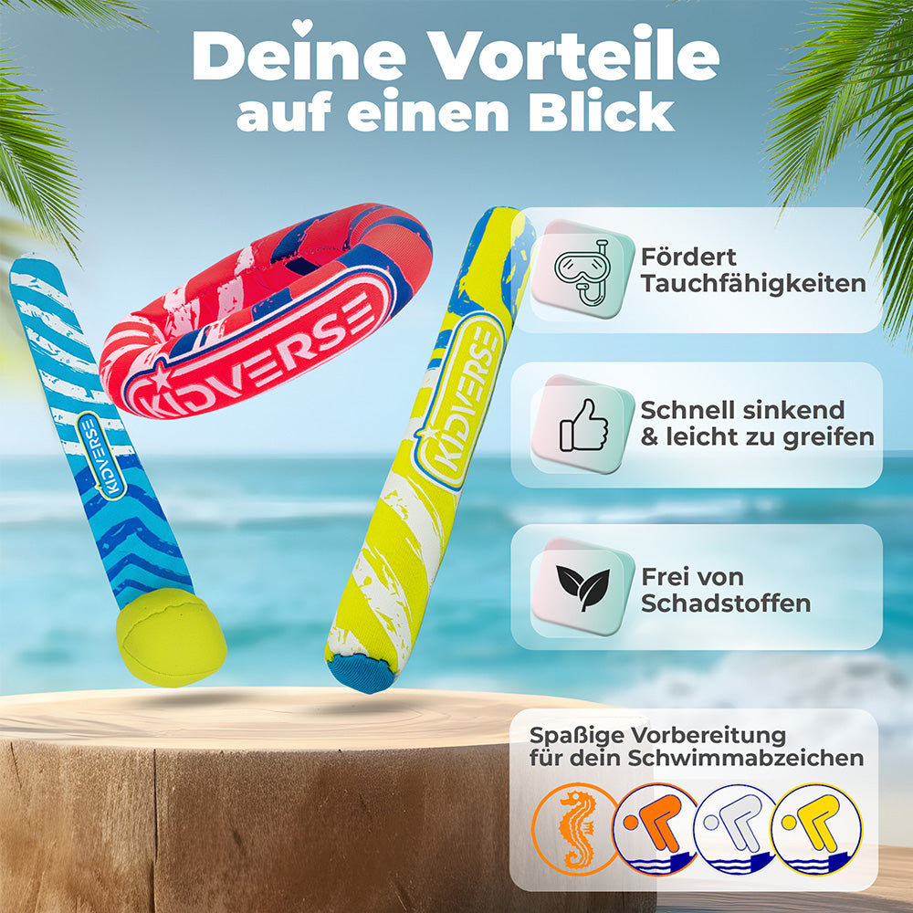 Tauchspielzeug 6er Set für Kinder mit dem Text: Deine Vorteile auf einen Blick. Fördert Tauchfähigkeiten, Schnell sinkend & leicht zu greifen und Frei von Schadstoffen. Spaßige Vorbereitung für dein Schwimmabzeichen