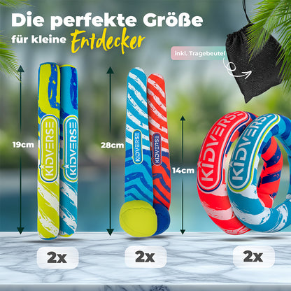 Größendarstellung der Tauchringe, Tauchbälle und der Tauchstäbe für Kinder. Text: Die perfekte Größe für kleine Entdecker. Tauchstäbe 19cm, Tauchbälle 28cm und Tauchringe 14cm