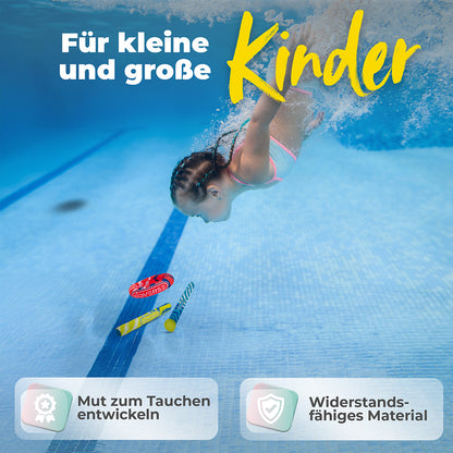 Kind taucht nach dem Tauchringen, Tauchstäben und Tauchbällen. Text:  Für kleine und große Kinder. Mut zum Tauchen entwickeln und Widerstandsfähiges Material