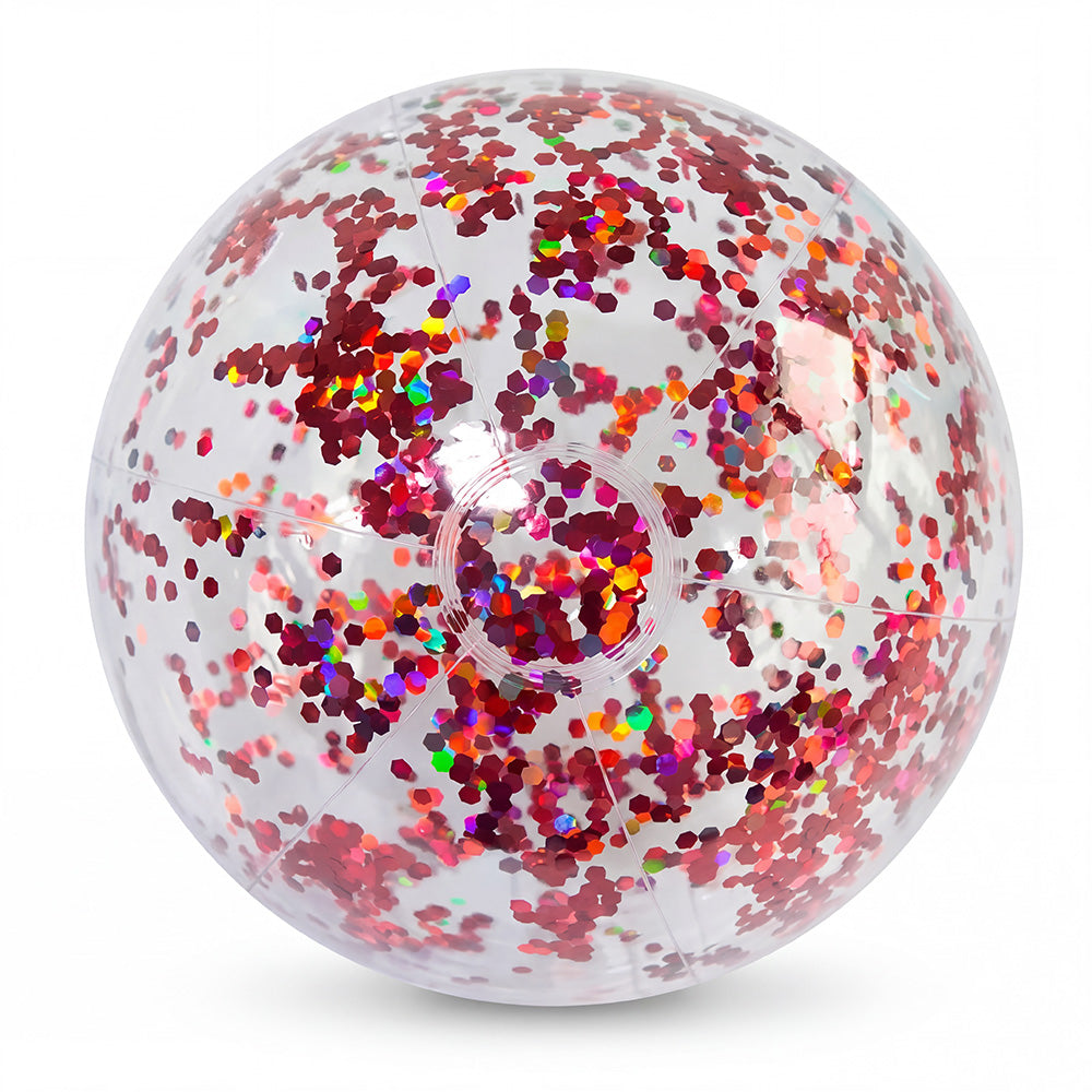 Wasserball aufblasbar mit pinken Glitzerpartikel auf einem weißen Hintergrund