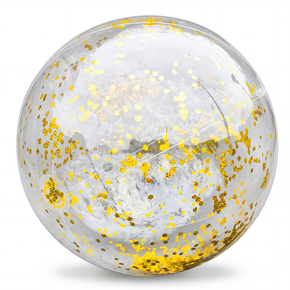 Wasserball aufblasbar mit goldenen Glitzerpartikel auf einem weißen Hintergrund